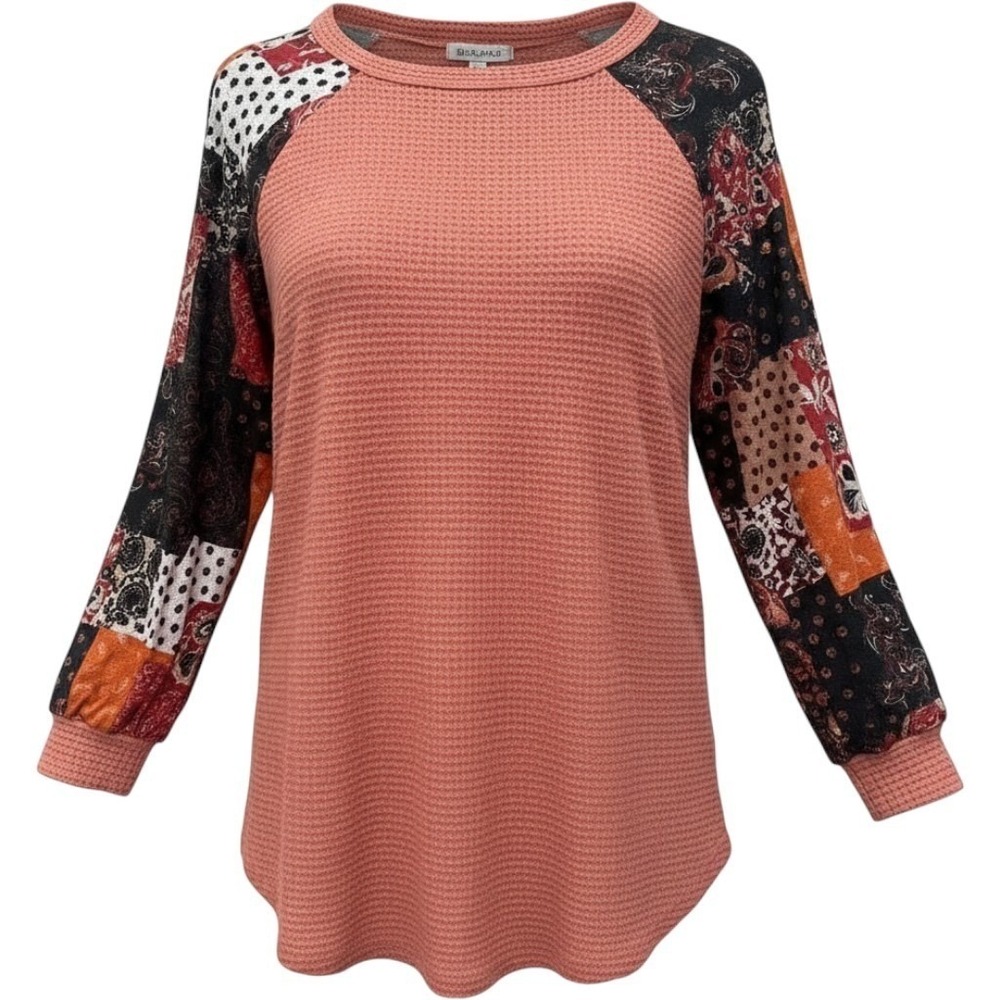 P & Rose Women Salmon Pink Waffle Knit Patchwork Raglan Sleeve Boho Top Small